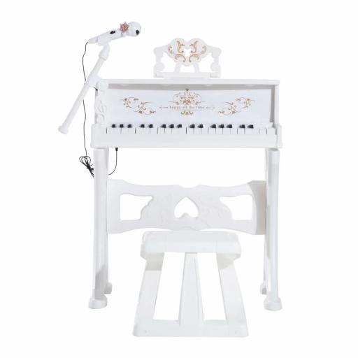 Piano Electrónico Infantil de 37 Teclas Juego de Piano con Modelo Pedagógico Micrófono Taburete Luces y 22 Canciones USB/MP3/Bluetooth Karaoke 53,5x27x63 cm Blanco [5]