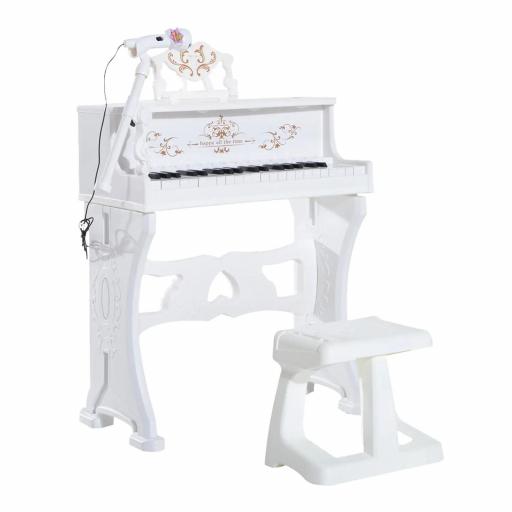 Piano Electrónico Infantil de 37 Teclas Juego de Piano con Modelo Pedagógico Micrófono Taburete Luces y 22 Canciones USB/MP3/Bluetooth Karaoke 53,5x27x63 cm Blanco [8]