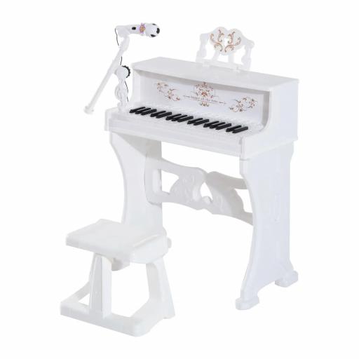 Piano Electrónico Infantil de 37 Teclas Juego de Piano con Modelo Pedagógico Micrófono Taburete Luces y 22 Canciones USB/MP3/Bluetooth Karaoke 53,5x27x63 cm Blanco [7]