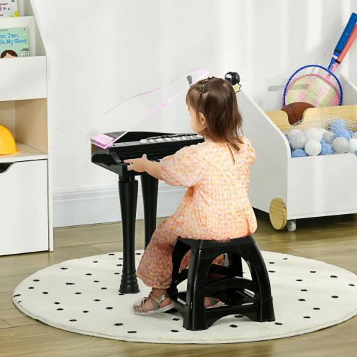 Juego de Piano Infantil de 32 Teclas con Micrófono Taburete Luces 22 Canciones y 4 Sonidos 37x30,5x60,4 cm Negro