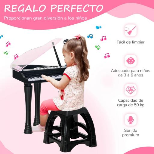 Juego de Piano Infantil de 32 Teclas con Micrófono Taburete Luces 22 Canciones y 4 Sonidos 37x30,5x60,4 cm Negro [3]