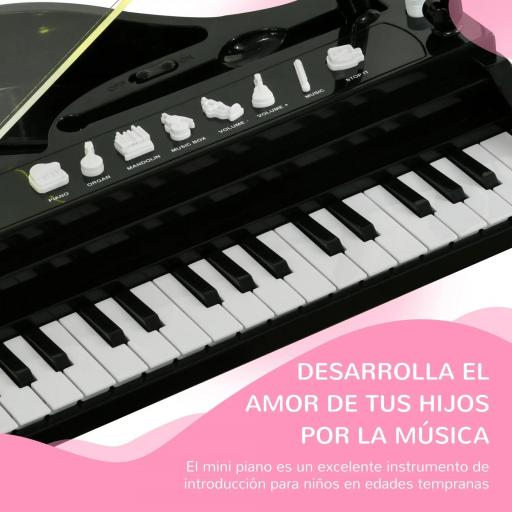 Juego de Piano Infantil de 32 Teclas con Micrófono Taburete Luces 22 Canciones y 4 Sonidos 37x30,5x60,4 cm Negro [2]