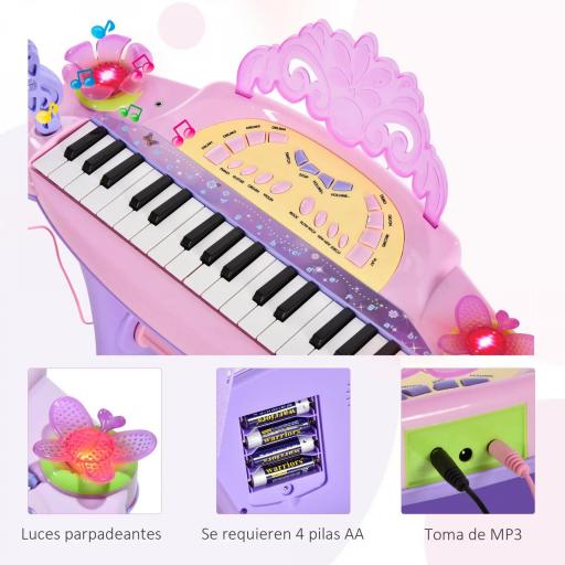 Teclado Electrónico Infantil 32 Teclas Juguete Musical Piano Infantil Piano para Niños con Micrófono Taburete Luces Variedad Sonidos Rítmos Melodias MP3 Karaoke Modo de Enseñanza Rosa [4]
