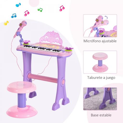 Teclado Electrónico Infantil 32 Teclas Juguete Musical Piano Infantil Piano para Niños con Micrófono Taburete Luces Variedad Sonidos Rítmos Melodias MP3 Karaoke Modo de Enseñanza Rosa [8]