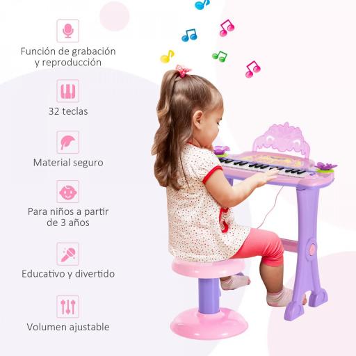Teclado Electrónico Infantil 32 Teclas Juguete Musical Piano Infantil Piano para Niños con Micrófono Taburete Luces Variedad Sonidos Rítmos Melodias MP3 Karaoke Modo de Enseñanza Rosa [6]