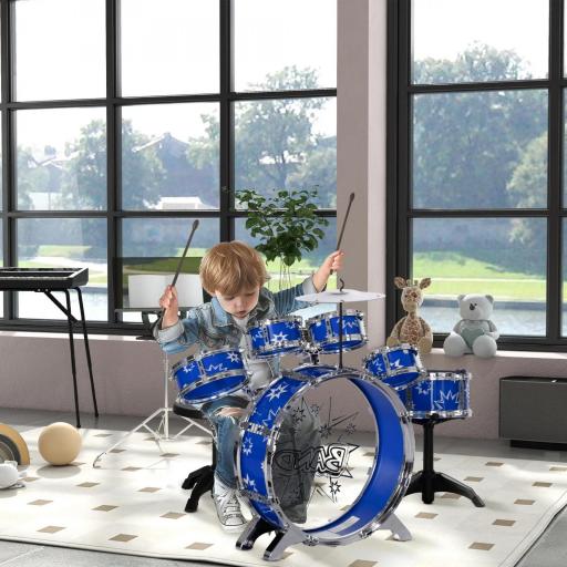 Batería para Niños de +3 Años con Tambores Bombo Platillo Pedal y Baquetas Diseño con Tema de Estrellas 65x22x57 cm Azul