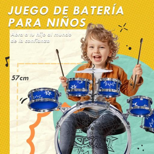Batería para Niños de +3 Años con Tambores Bombo Platillo Pedal y Baquetas Diseño con Tema de Estrellas 65x22x57 cm Azul [1]