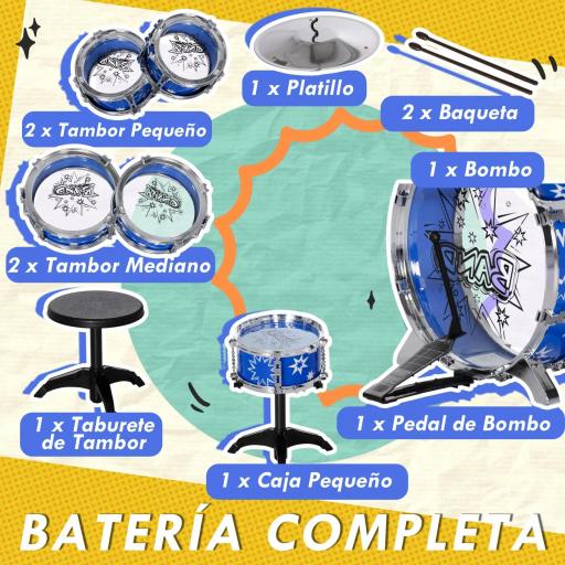 Batería para Niños de +3 Años con Tambores Bombo Platillo Pedal y Baquetas Diseño con Tema de Estrellas 65x22x57 cm Azul [5]