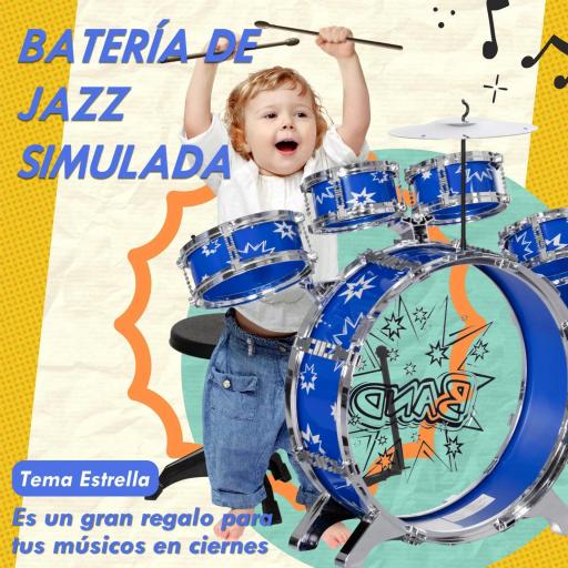 Batería para Niños de +3 Años con Tambores Bombo Platillo Pedal y Baquetas Diseño con Tema de Estrellas 65x22x57 cm Azul [2]