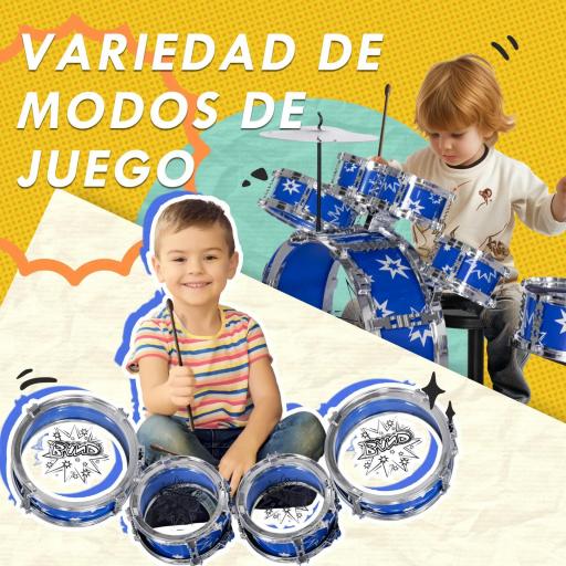 Batería para Niños de +3 Años con Tambores Bombo Platillo Pedal y Baquetas Diseño con Tema de Estrellas 65x22x57 cm Azul [4]