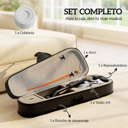 Violín 4/4 de Tamaño Completo de Madera con Estuche Arco Colofonia Afinadores Cuerdas y Soporte para Hombro Negro [5]