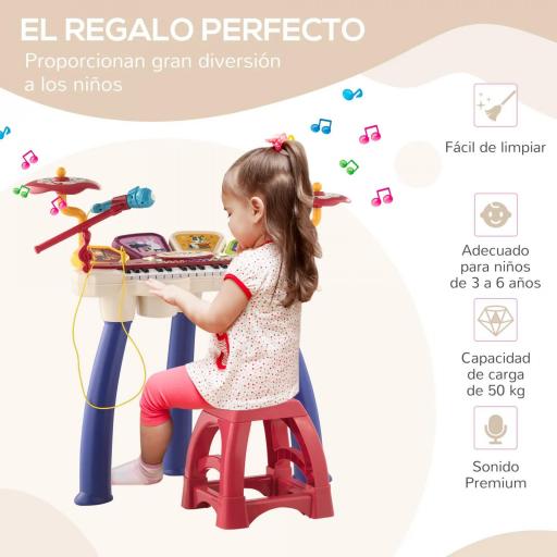 Juego de Piano 2 en 1 con Micrófono Luces 19 Canciones Batería y Volumen Ajustable 74x32,2x71cm Multicolor [5]