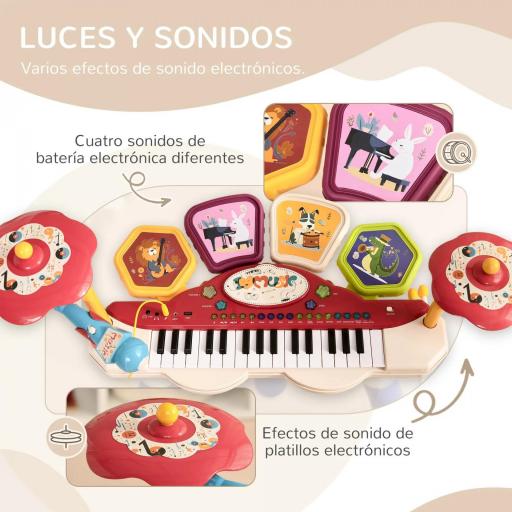 Juego de Piano 2 en 1 con Micrófono Luces 19 Canciones Batería y Volumen Ajustable 74x32,2x71cm Multicolor [6]