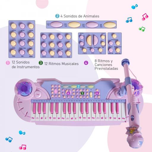 Piano Infantil 37 Teclas Teclado Electrónico Juego de Piano Regalo Juguete Educativo para Niños +3 Años con Micrófono Taburete Luces y 22 Canciones USB/MP3 Karaoke Rosa [9]