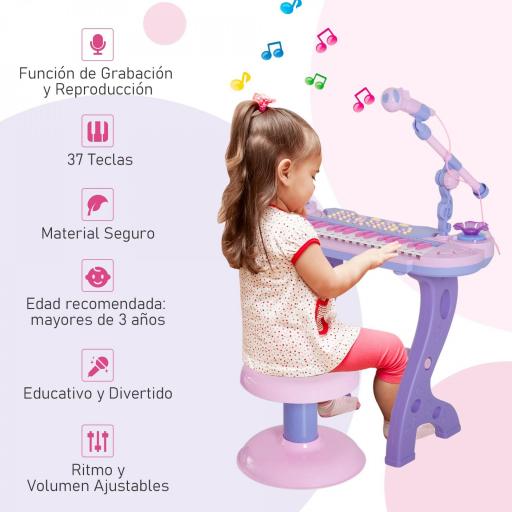 Piano Infantil 37 Teclas Teclado Electrónico Juego de Piano Regalo Juguete Educativo para Niños +3 Años con Micrófono Taburete Luces y 22 Canciones USB/MP3 Karaoke Rosa [3]