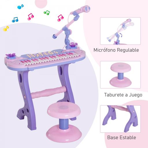 Piano Infantil 37 Teclas Teclado Electrónico Juego de Piano Regalo Juguete Educativo para Niños +3 Años con Micrófono Taburete Luces y 22 Canciones USB/MP3 Karaoke Rosa [4]