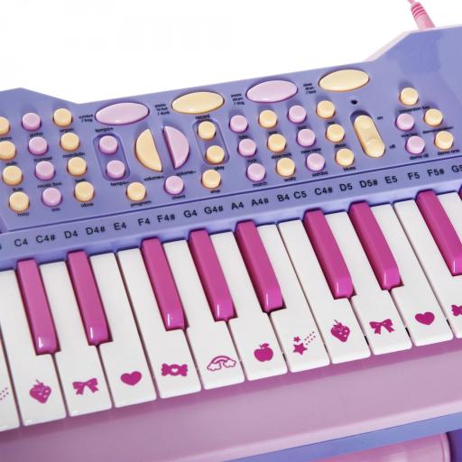 Piano Infantil 37 Teclas Teclado Electrónico Juego de Piano Regalo Juguete Educativo para Niños +3 Años con Micrófono Taburete Luces y 22 Canciones USB/MP3 Karaoke Rosa [6]