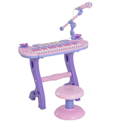Piano Infantil 37 Teclas Teclado Electrónico Juego de Piano Regalo Juguete Educativo para Niños +3 Años con Micrófono Taburete Luces y 22 Canciones USB/MP3 Karaoke Rosa [8]