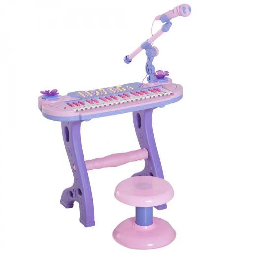 Piano Infantil 37 Teclas Teclado Electrónico Juego de Piano Regalo Juguete Educativo para Niños +3 Años con Micrófono Taburete Luces y 22 Canciones USB/MP3 Karaoke Rosa [1]