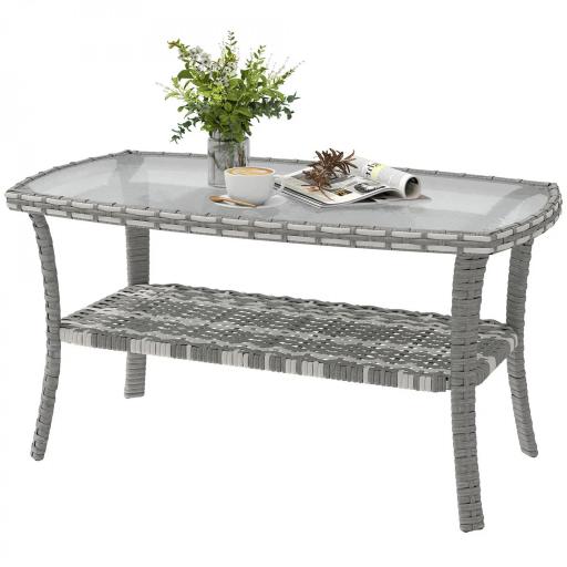Mesa de Jardín Exterior Rectangular de Ratán con Estante Tablero de Vidrio Templado con Ondas 90x50x45 cm Gris Oscuro [8]