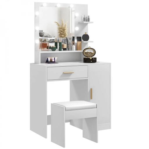 Tocador de Maquillaje con Taburete Espejo LED Cajones Estante Ajustable y Estantes Abiertos para Dormitorio Blanco [9]