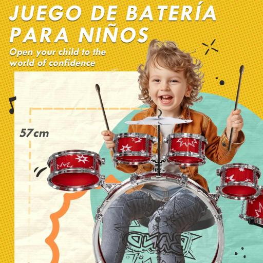 Batería para Niños de +3 Años con Tambores Bombo Platillo Pedal y Baquetas Diseño con Tema de Estrellas 65x22x57 cm Rojo [3]