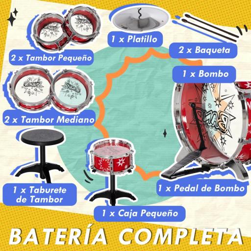 Batería para Niños de +3 Años con Tambores Bombo Platillo Pedal y Baquetas Diseño con Tema de Estrellas 65x22x57 cm Rojo [7]