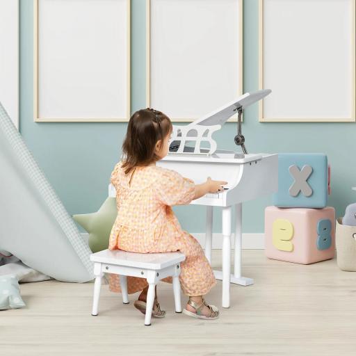 Piano de Cola Infantil de MDF con 30 Teclas Taburete y Atril de Partituras Piano para Niños Instrumento Musical Didáctico 52x50x49 cm Blanco