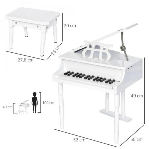 Piano de Cola Infantil de MDF con 30 Teclas Taburete y Atril de Partituras Piano para Niños Instrumento Musical Didáctico 52x50x49 cm Blanco [2]