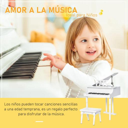 Piano de Cola Infantil de MDF con 30 Teclas Taburete y Atril de Partituras Piano para Niños Instrumento Musical Didáctico 52x50x49 cm Blanco [6]