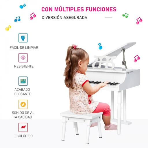 Piano de Cola Infantil de MDF con 30 Teclas Taburete y Atril de Partituras Piano para Niños Instrumento Musical Didáctico 52x50x49 cm Blanco [3]