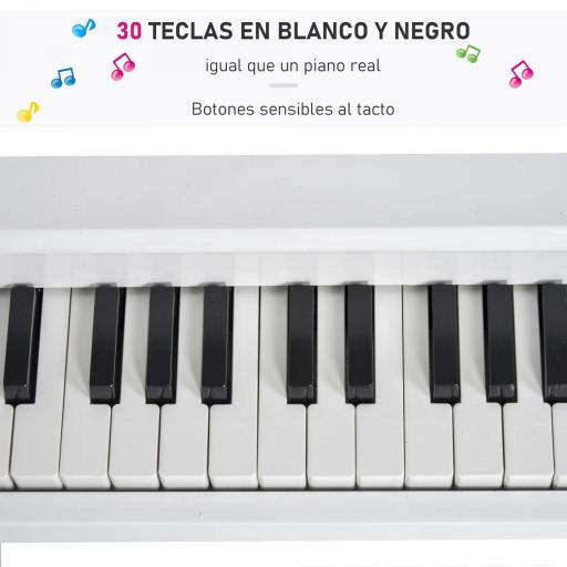 Piano de Cola Infantil de MDF con 30 Teclas Taburete y Atril de Partituras Piano para Niños Instrumento Musical Didáctico 52x50x49 cm Blanco [5]
