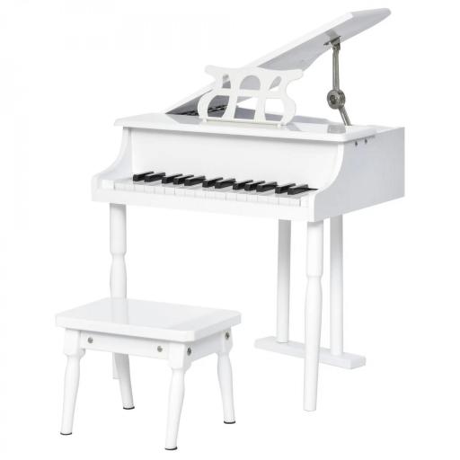 Piano de Cola Infantil de MDF con 30 Teclas Taburete y Atril de Partituras Piano para Niños Instrumento Musical Didáctico 52x50x49 cm Blanco [1]
