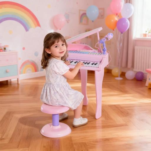 Piano Infantil 37 Teclas Teclado Electrónico Piano para Niños con Micrófono Taburete Luces y 22 Canciones USB/MP3 Karaoke Modo de Enseñanza Rosa