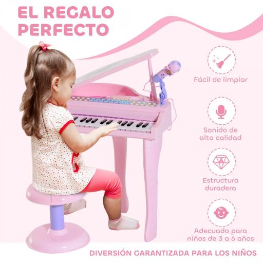 Piano Infantil 37 Teclas Teclado Electrónico Piano para Niños con Micrófono Taburete Luces y 22 Canciones USB/MP3 Karaoke Modo de Enseñanza Rosa [9]