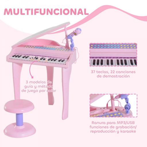 Piano Infantil 37 Teclas Teclado Electrónico Piano para Niños con Micrófono Taburete Luces y 22 Canciones USB/MP3 Karaoke Modo de Enseñanza Rosa [2]