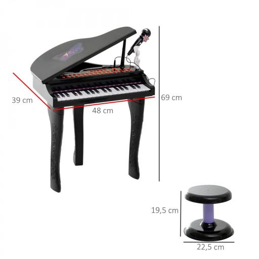 Piano Infantil 37 Teclas Teclado Electrónico Juego de Piano con Micrófono Taburete Luces y 22 Canciones USB/MP3 Karaoke Modo de Enseñanza Negro [9]