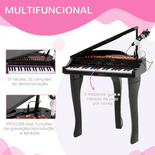 Piano Infantil 37 Teclas Teclado Electrónico Juego de Piano con Micrófono Taburete Luces y 22 Canciones USB/MP3 Karaoke Modo de Enseñanza Negro [7]