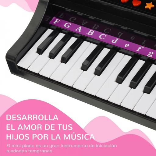 Piano Infantil 37 Teclas Teclado Electrónico Juego de Piano con Micrófono Taburete Luces y 22 Canciones USB/MP3 Karaoke Modo de Enseñanza Negro [4]