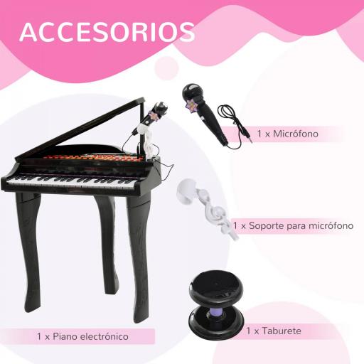 Piano Infantil 37 Teclas Teclado Electrónico Juego de Piano con Micrófono Taburete Luces y 22 Canciones USB/MP3 Karaoke Modo de Enseñanza Negro [5]