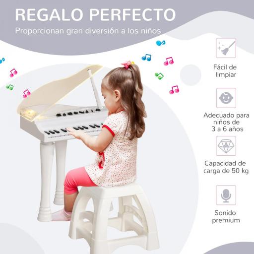 Juego de Piano Infantil de 32 Teclas con Micrófono Taburete Luces 22 Canciones y 4 Sonidos 37x30,5x60,4 cm Blanco  [8]