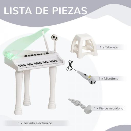 Juego de Piano Infantil de 32 Teclas con Micrófono Taburete Luces 22 Canciones y 4 Sonidos 37x30,5x60,4 cm Blanco  [6]