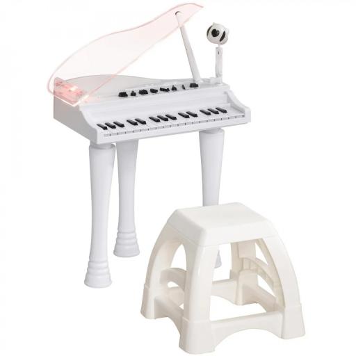 Juego de Piano Infantil de 32 Teclas con Micrófono Taburete Luces 22 Canciones y 4 Sonidos 37x30,5x60,4 cm Blanco  [1]