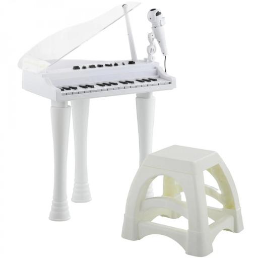 Juego de Piano Infantil de 32 Teclas con Micrófono Taburete Luces 22 Canciones y 4 Sonidos 37x30,5x60,4 cm Blanco  [9]