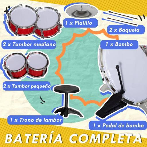 Batería para Niños de +3 Años con Tambores Bombo Platillo Pedal y Baquetas 68,5x37x84 cm Rojo [1]