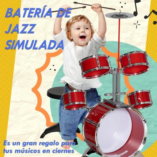 Batería para Niños de +3 Años con Tambores Bombo Platillo Pedal y Baquetas 68,5x37x84 cm Rojo [5]