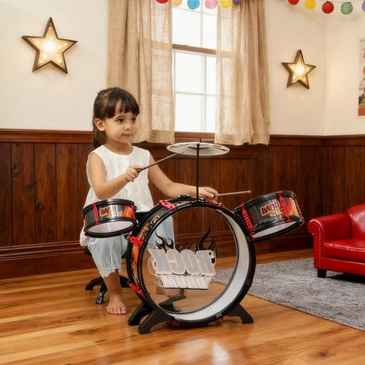 Batería para Niños de +3 Años con Taburete Tambores Bombo Platillo y Baquetas 59,5x31,5x59 cm Negro