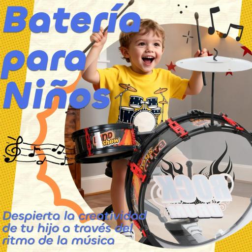 Batería para Niños de +3 Años con Taburete Tambores Bombo Platillo y Baquetas 59,5x31,5x59 cm Negro [2]