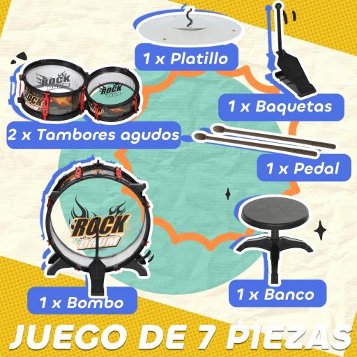 Batería para Niños de +3 Años con Taburete Tambores Bombo Platillo y Baquetas 59,5x31,5x59 cm Negro [6]