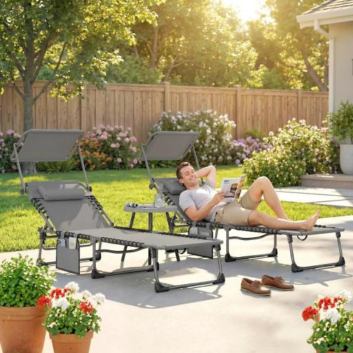 Set de 2 Tumbonas Plegables con Reposacabezas Parasol Bolsillo Lateral y Respaldo Reclinable en 5 Posiciones Gris